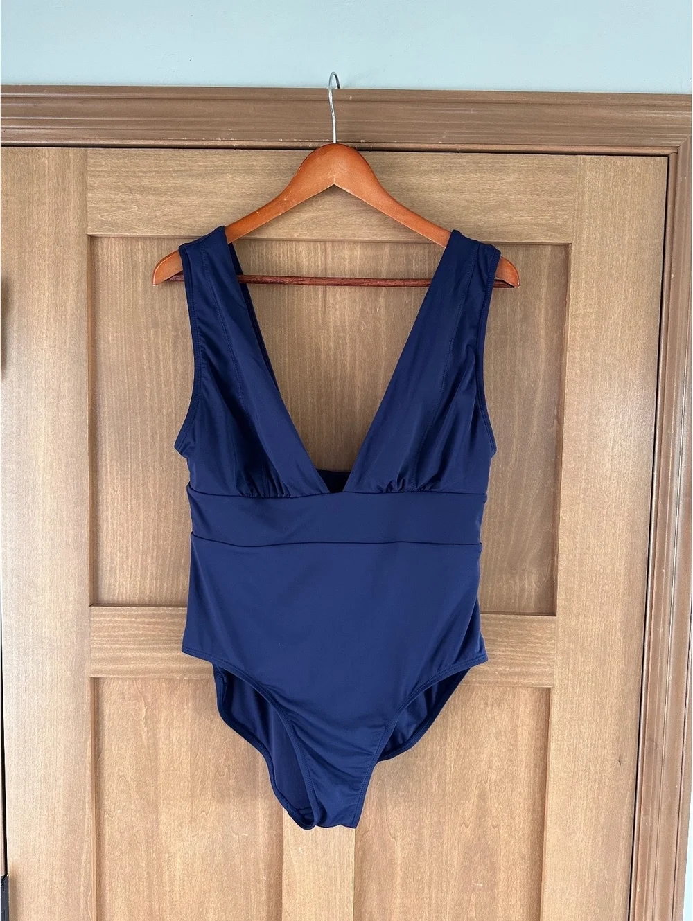 Andie Mykonos Deep Plunge Neck One Piece Swimsuit in Navy Women’s sz Large Tall